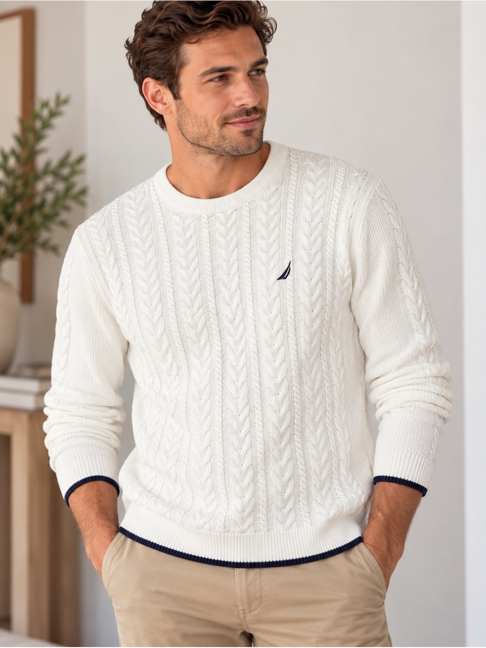 Nautica Men’s XL White Cable Knit Crewneck Sweater Navy Trim Cotton Classic
